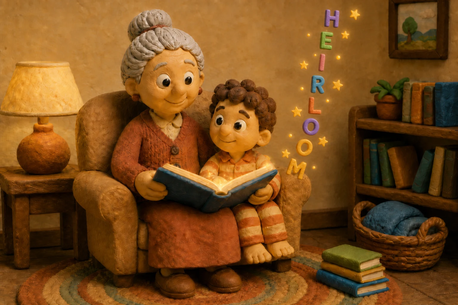 A clay grandmother reads to a small clay boy in an armchair while sculpted clay letters spelling HEIRLOOM float up from the book